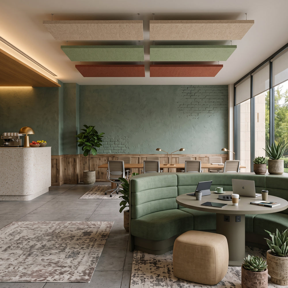 Square felt ceiling rafts in cream, sage and rust hanging above a green booth seat in a café breakout