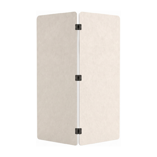A three-panel folding room divider made of Natural Cotton acoustic PET fel, connected by three black metal hinges.