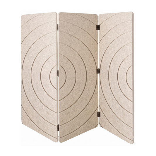 A three-panel folding screen or room divider made of textured beige felt with concentric circle patterns, shown on a plain white background.