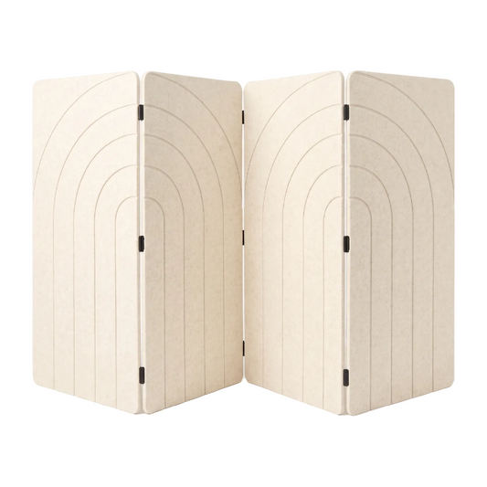 Natural cotton four panel folding room divider in PET felt, arches engraving detail and black tab hinges