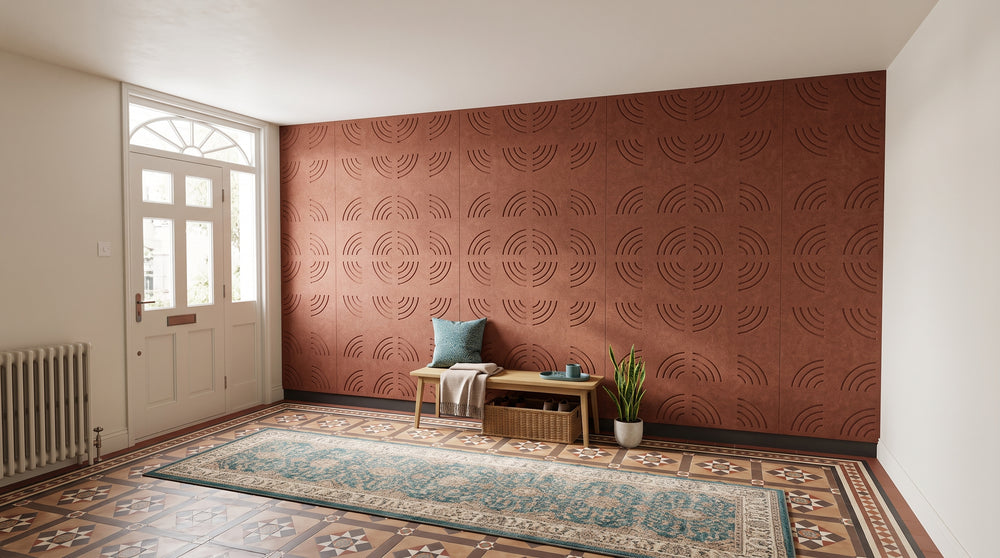 Fan engraved felt wall panels in Cinnamon, along a hallway