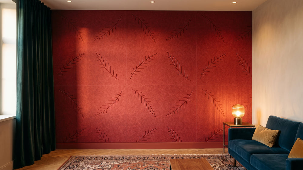 Fern engraved felt wall panels in Red, in a hotel lounge