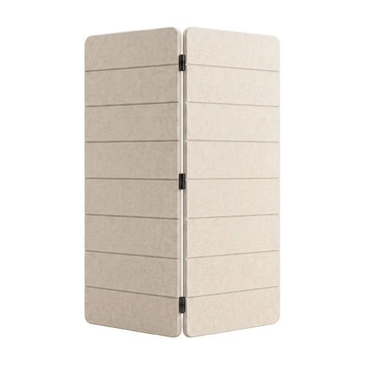 A beige PET felt folding screen or room divider with horizontal stitched panels and black metal hinges, shown on a plain white background.