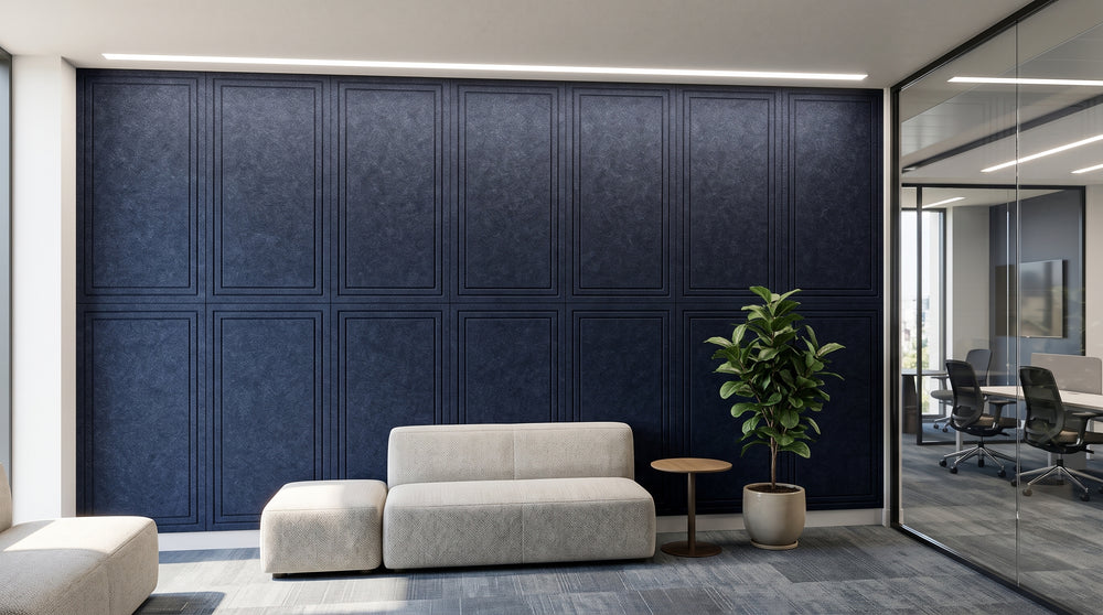 Panelled engraved felt wall panels in Deep Ocean, in an office