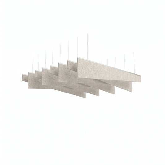 Shear acoustic ceiling baffle kit in Natural Cotton, eight tapered PET felt blades on silver rails