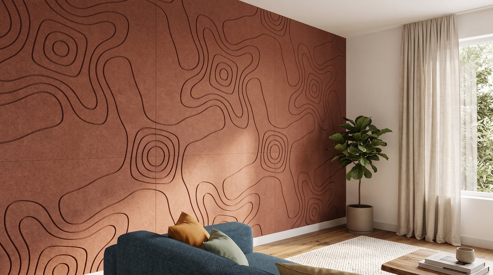 Terrain engraved felt wall panels in Cinnamon, on a living room wall