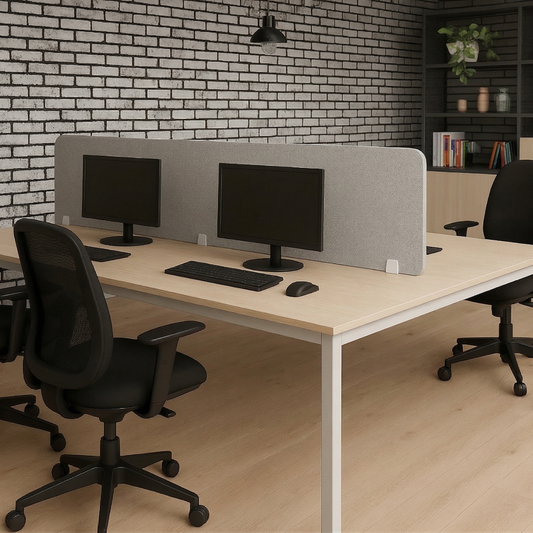 Modern office setup with desks, chairs, and computer monitors against a brick wall.