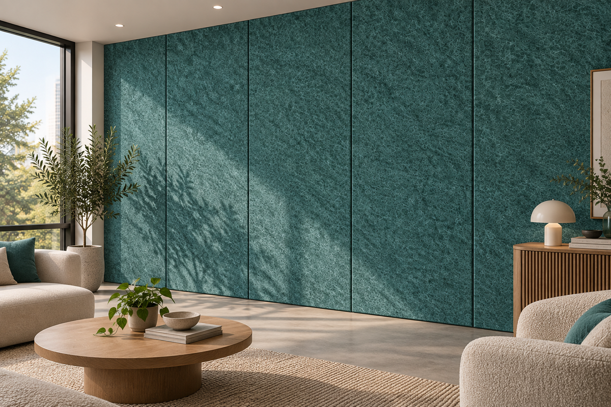 A living room wall fully clad in sage green square edge PET felt acoustic panels, with a round coffee table and armchair