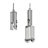 Two metal pulley systems with cables on a white background