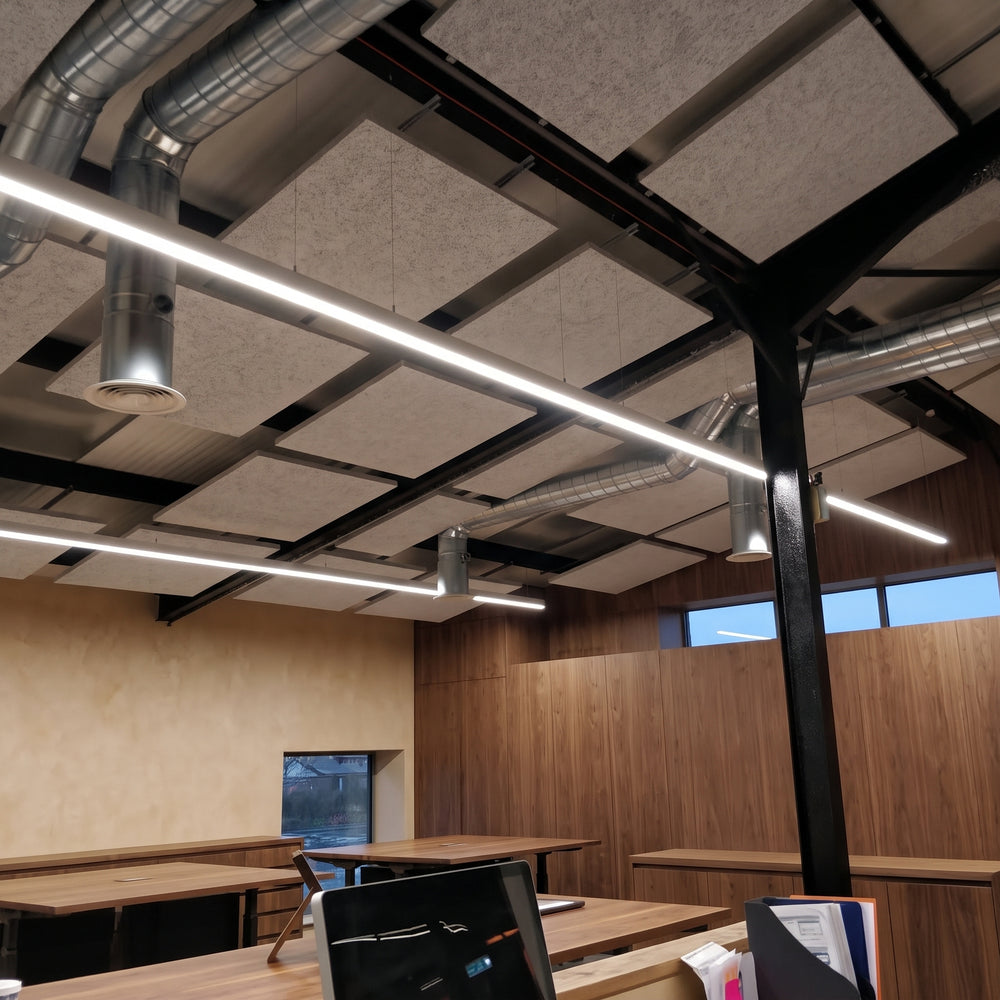 Light grey square felt ceiling rafts hung between steel beams and ductwork in an industrial-style office