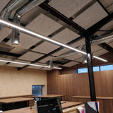 Light grey square felt ceiling rafts hung between steel beams and ductwork in an industrial-style office