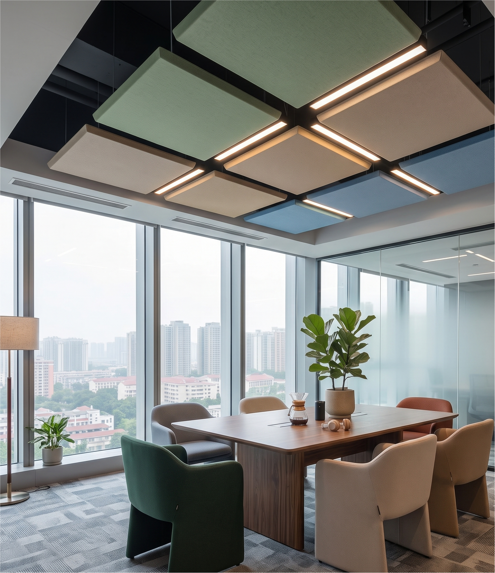 Modern office interior with a large wooden conference table, upholstered chairs, acoustic ceiling panels with integrated LED lighting, and floor-to-ceiling windows overlooking a city skyline.