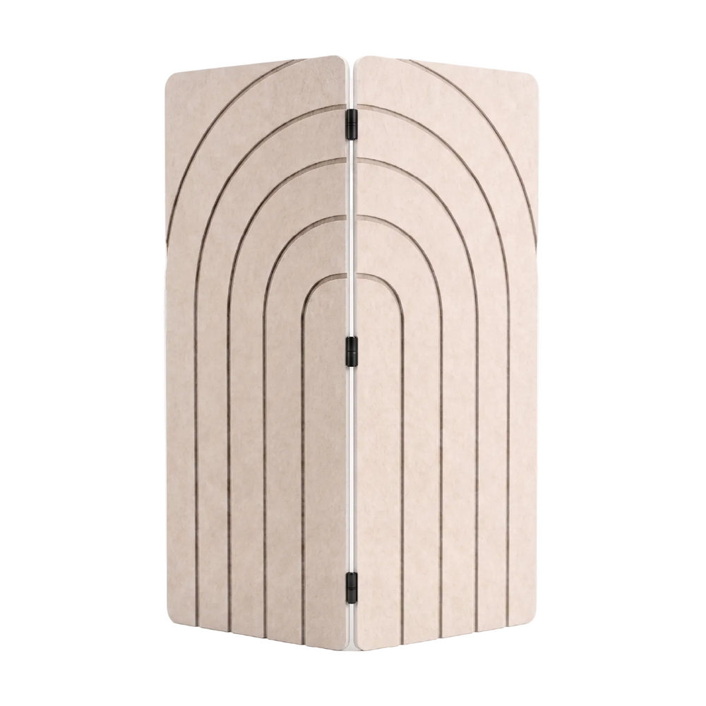 Natural cotton two panel folding room divider in PET felt, arches engraving detail and black tab hinges