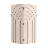 Natural cotton two panel folding room divider in PET felt, arches engraving detail and black tab hinges
