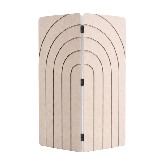 Natural cotton two panel folding room divider in PET felt, arches engraving detail and black tab hinges