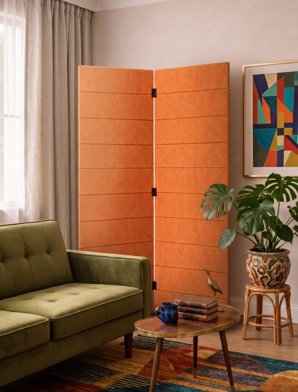 2 Panel Folding Room Divider - Horizon Engraved PET Felt Screen