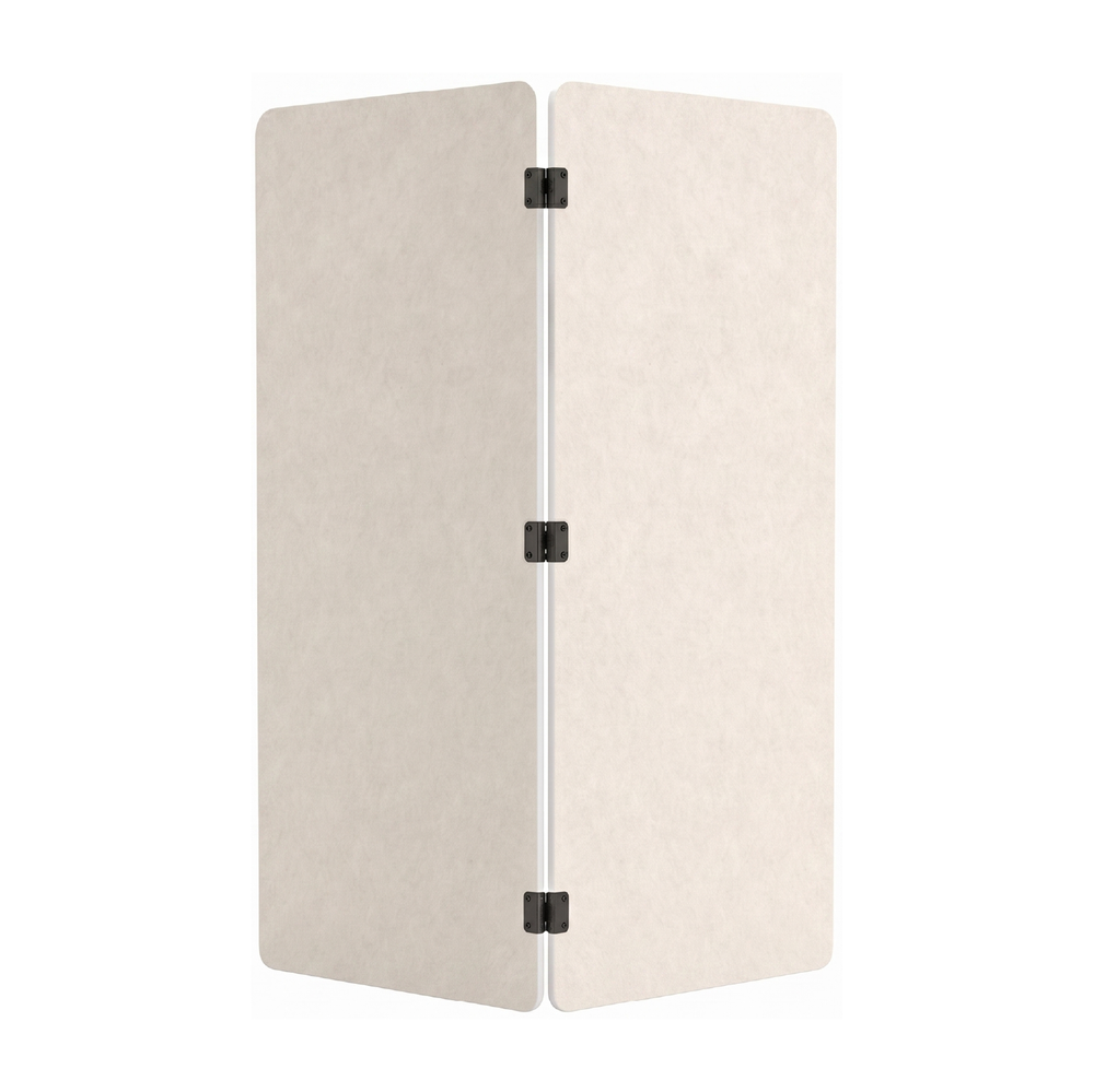 A three-panel folding room divider made of Natural Cotton acoustic PET fel, connected by three black metal hinges.