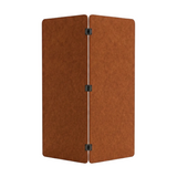 Cinnamon acoustic PET felt folding room divider, two panels part-folded and angled towards the camera, freestanding