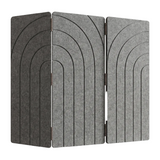 Dark silver PET felt three panel folding room divider with concentric arches engraved into the face