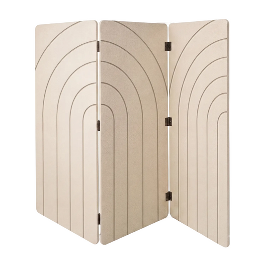 Natural cotton three panel folding room divider in PET felt, arches engraving detail and black tab hinges