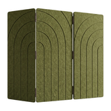 Olive green PET felt three panel folding room divider with concentric arches engraved into the face