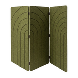 Olive green three panel folding room divider in PET felt, part folded, arches engraving detail