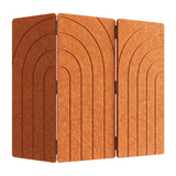 Orange PET felt three panel folding room divider with concentric arches engraved into the face