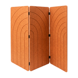 Orange three panel folding room divider in PET felt, part folded, arches engraving detail