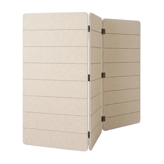 A beige PET felt folding screen or privacy panel with multiple horizontal stitched sections and dark metal hinges, shown on a plain white background.