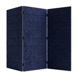 A three-panel folding screen or room divider with a dark navy blue textured PET felt, shown on a plain white background.