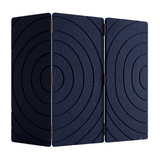A three-panel folding screen or decorative partition with a dark navy blue textured finish and concentric circular target-like patterns, shown on a plain white background.