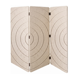 A three-panel folding screen or room divider made of textured beige felt with concentric circle patterns, shown on a plain white background.