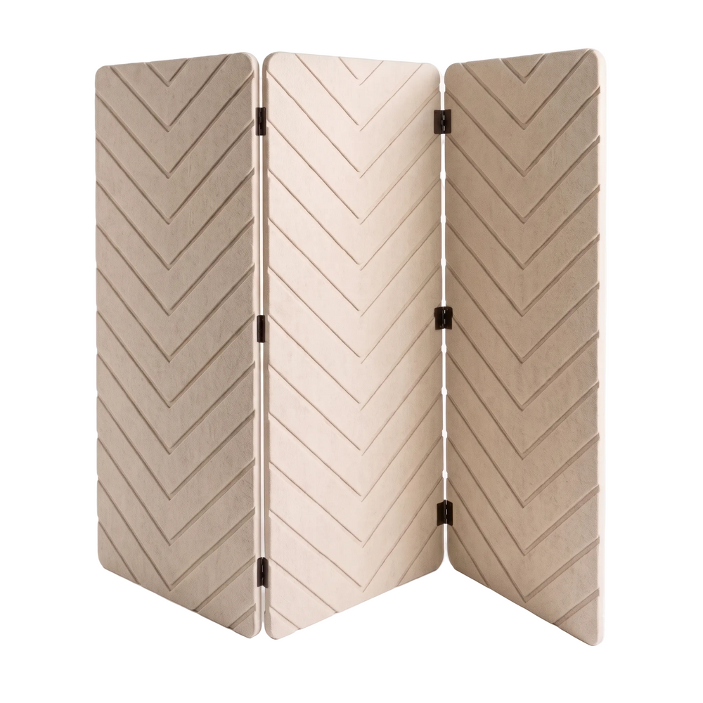 A three-panel folding screen with a textured chevron pattern in warm beige and cream tones, connected by black metal hinges, set against a clean white background.