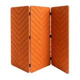 A three-panel folding screen made of textured orange felt with a chevron pattern and black metal hinges, shown on a white background.