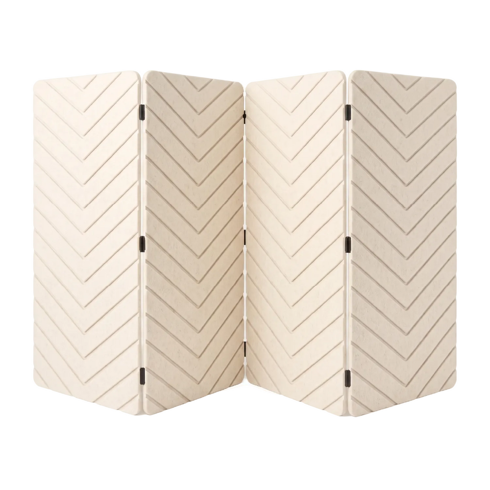 A four-panel folding room divider with a textured chevron pattern in a light cream or beige color, shown on a plain white background.