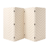 A four-panel folding room divider with a textured chevron pattern in a light cream or beige color, shown on a plain white background.