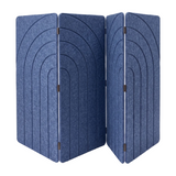 Blue jay four panel folding room divider in PET felt, part folded, arches engraving detail