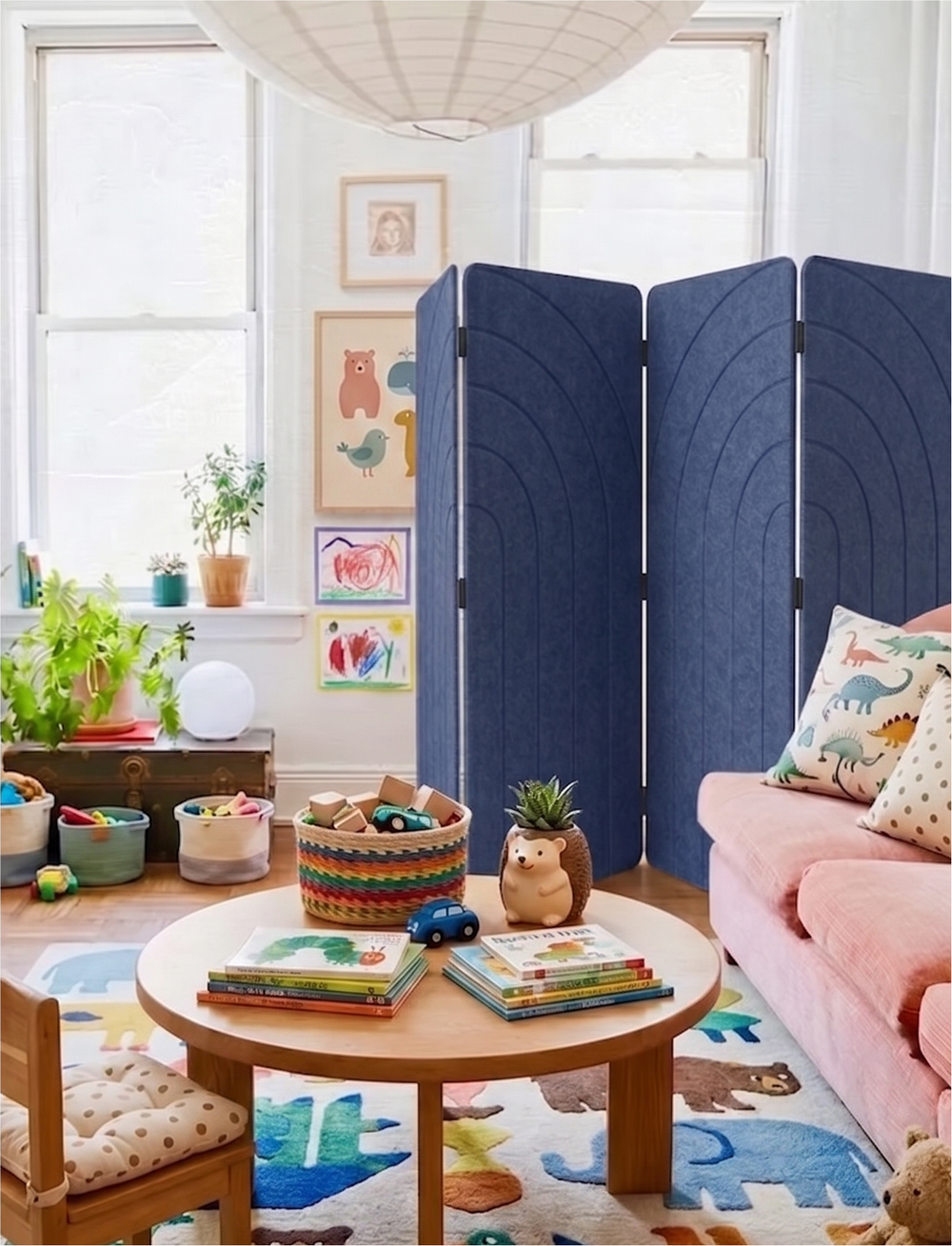 Blue jay arches engraved folding room divider dividing an open plan room