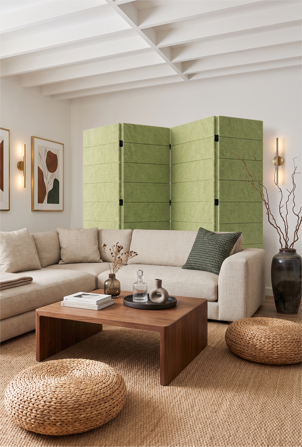 4 Panel Folding Room Divider - Horizon Engraved PET Felt Screen