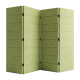 A freestanding folding room divider made of textured PET Felt tea green panels with black metal hinges, shown on a neutral background.