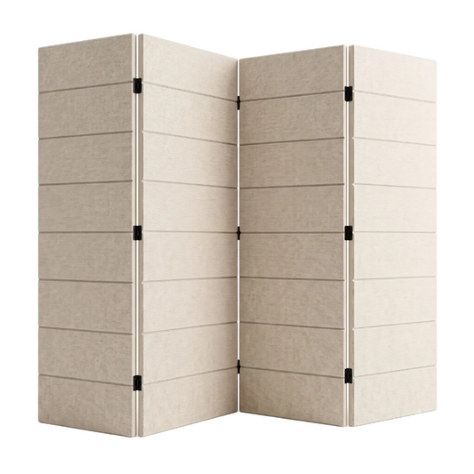 A three-panel folding room divider with a textured beige PET felt, shown on a clean white background.