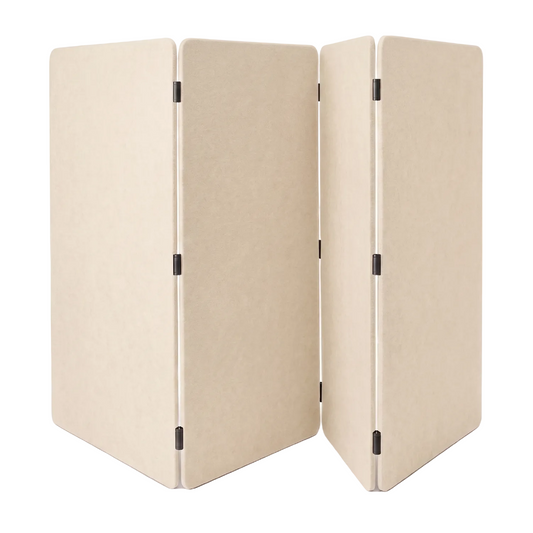 A four-panel folding room divider made of 24mm acoustic PET felt in Natural Cotton with black metal hinges, shown on a plain white background.