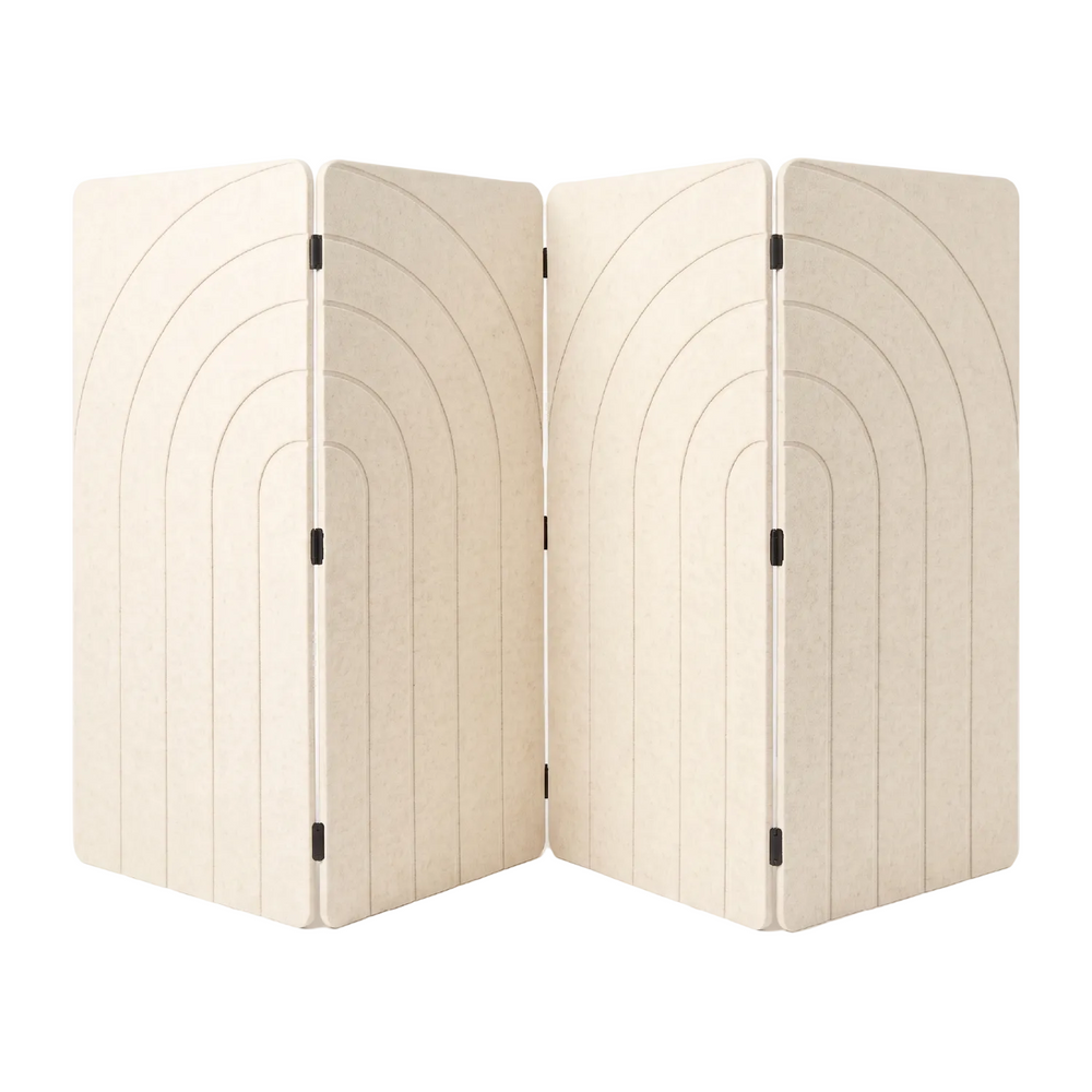 Natural cotton four panel folding room divider in PET felt, arches engraving detail and black tab hinges
