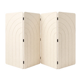 Natural cotton four panel folding room divider in PET felt, arches engraving detail and black tab hinges