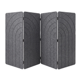 Slate grey four panel folding room divider in PET felt, part folded, arches engraving detail