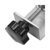 Close-up of a metal clamp with a black knob on a white background