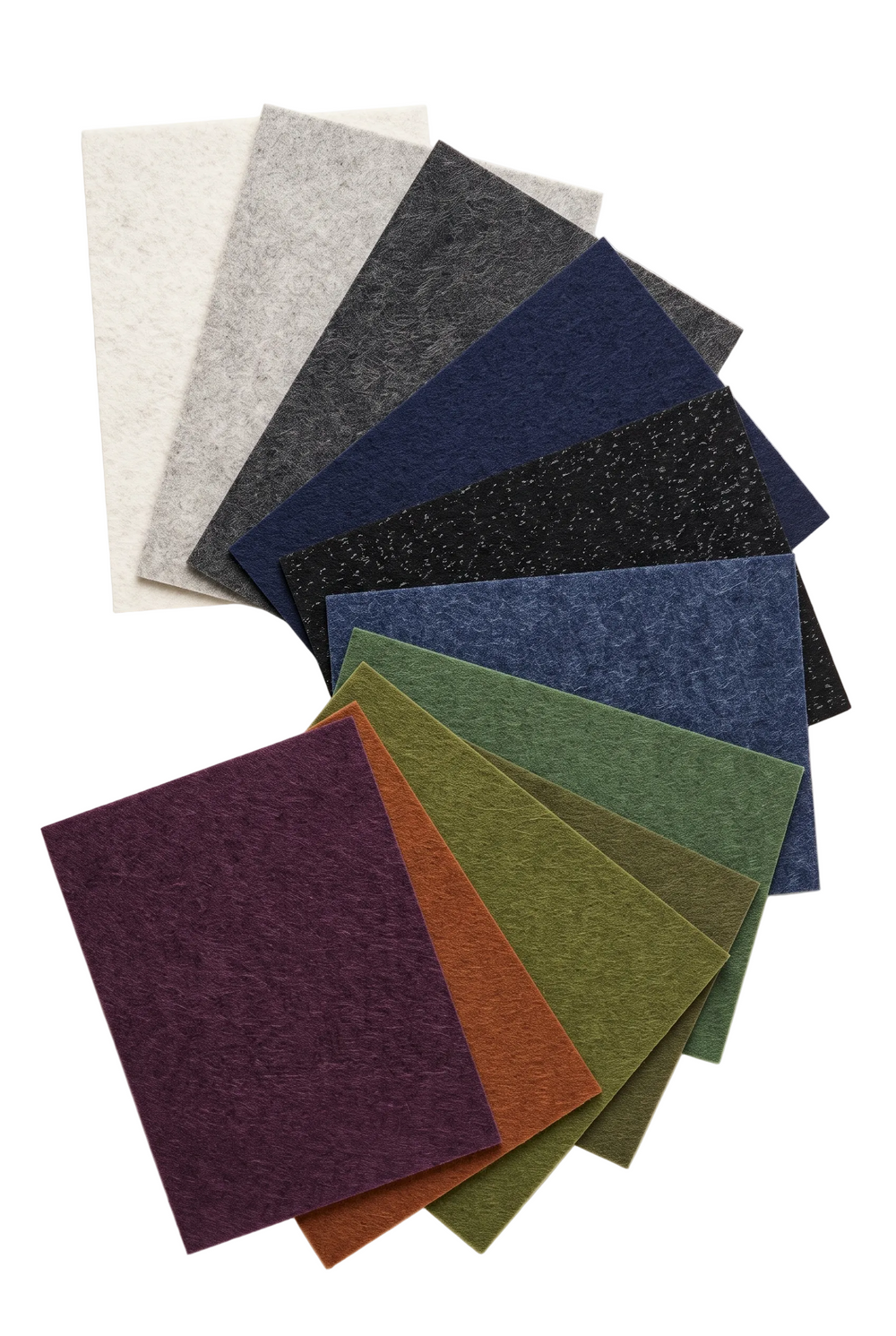 A range of colourful PET felt swatch cards laid out as a fan.