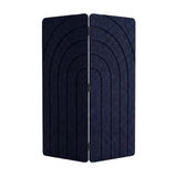 Midnight blue two panel folding room divider in PET felt, part folded, arches engraving detail
