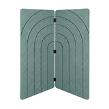 Sage green PET felt two panel folding room divider with concentric arches engraved into the face