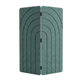 Sage green two panel folding room divider in PET felt, part folded, arches engraving and black tab hinges